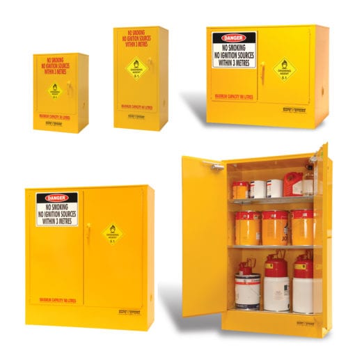 A variety of metal cabinets for oxidising chemicals.