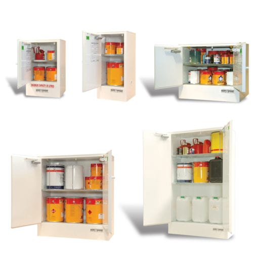 A variety of metal cabinets for toxic chemicals.