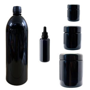 Picture of three Miron Violet Glass jars, a tincture bottle and a water bottle.